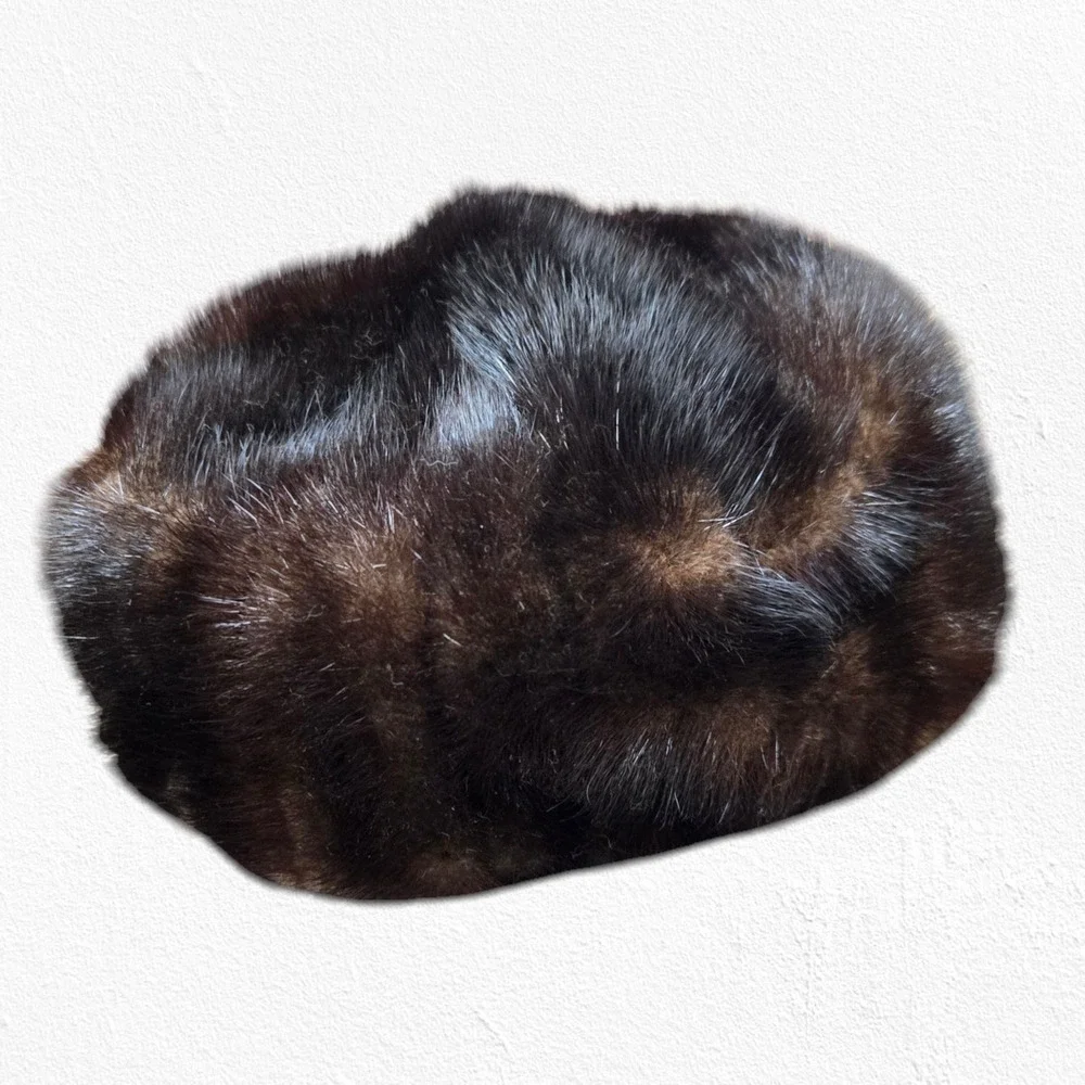 50s Vintage Brown Mink Fur Pillbox Hat Mid-Century Satin Lined Formal Winter Hat - Picture 1 of 6